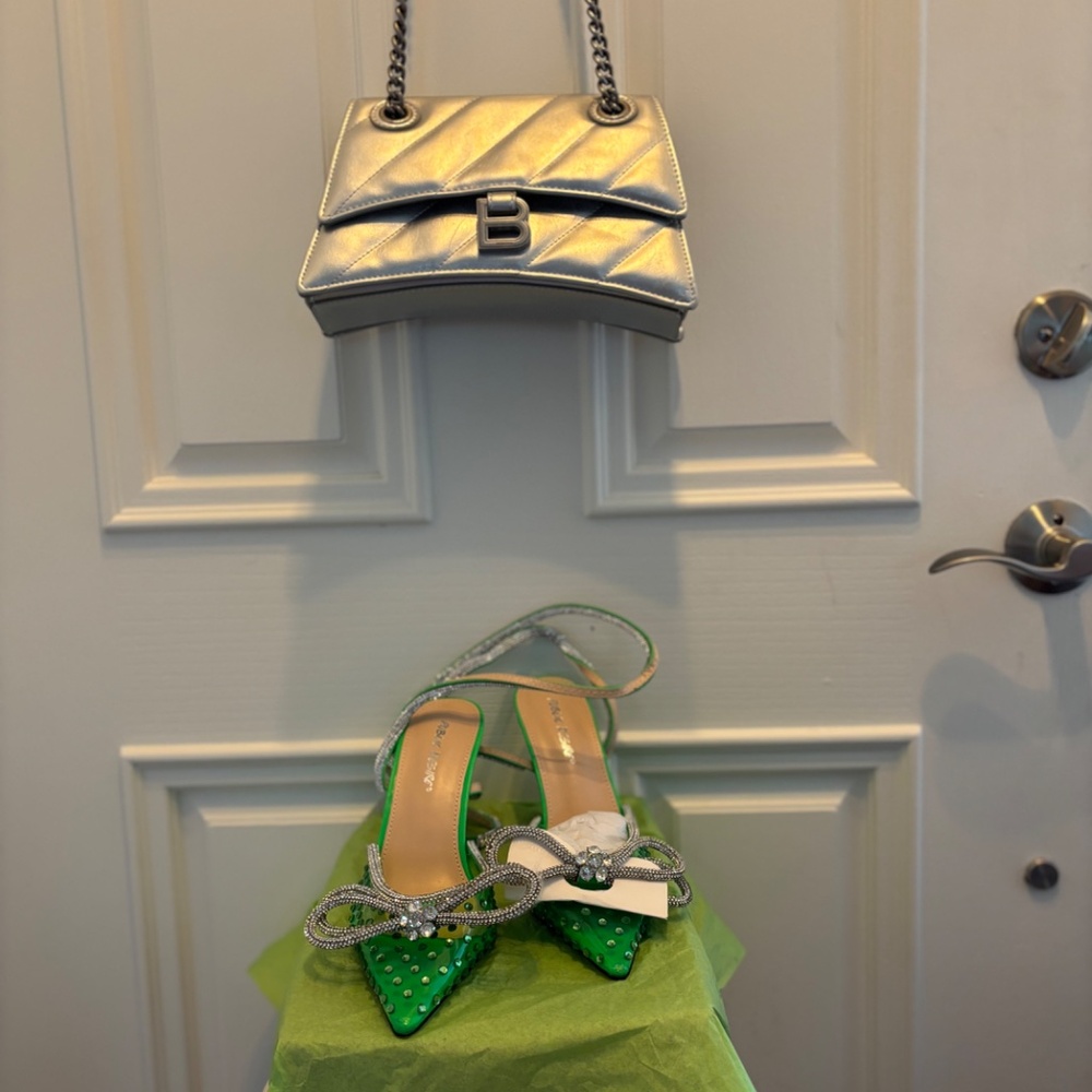 NEW Public Desire Azealia Neon Green Crystal Diamanté 7.5 Wrap Around Bow Heels - Picture 12 of 14